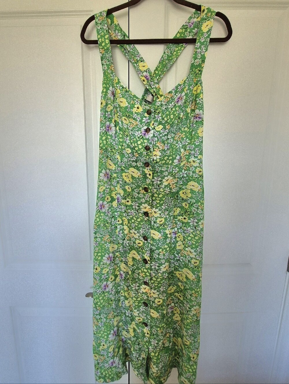 LOFT Green Floral Button-Front Maxi Dress with Yellow and Purple Accents